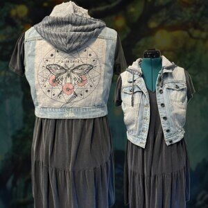 Upcycled "Moon Child" Denim Hoodie Vest – Sleeveless Cropped Jean Jacket sz L